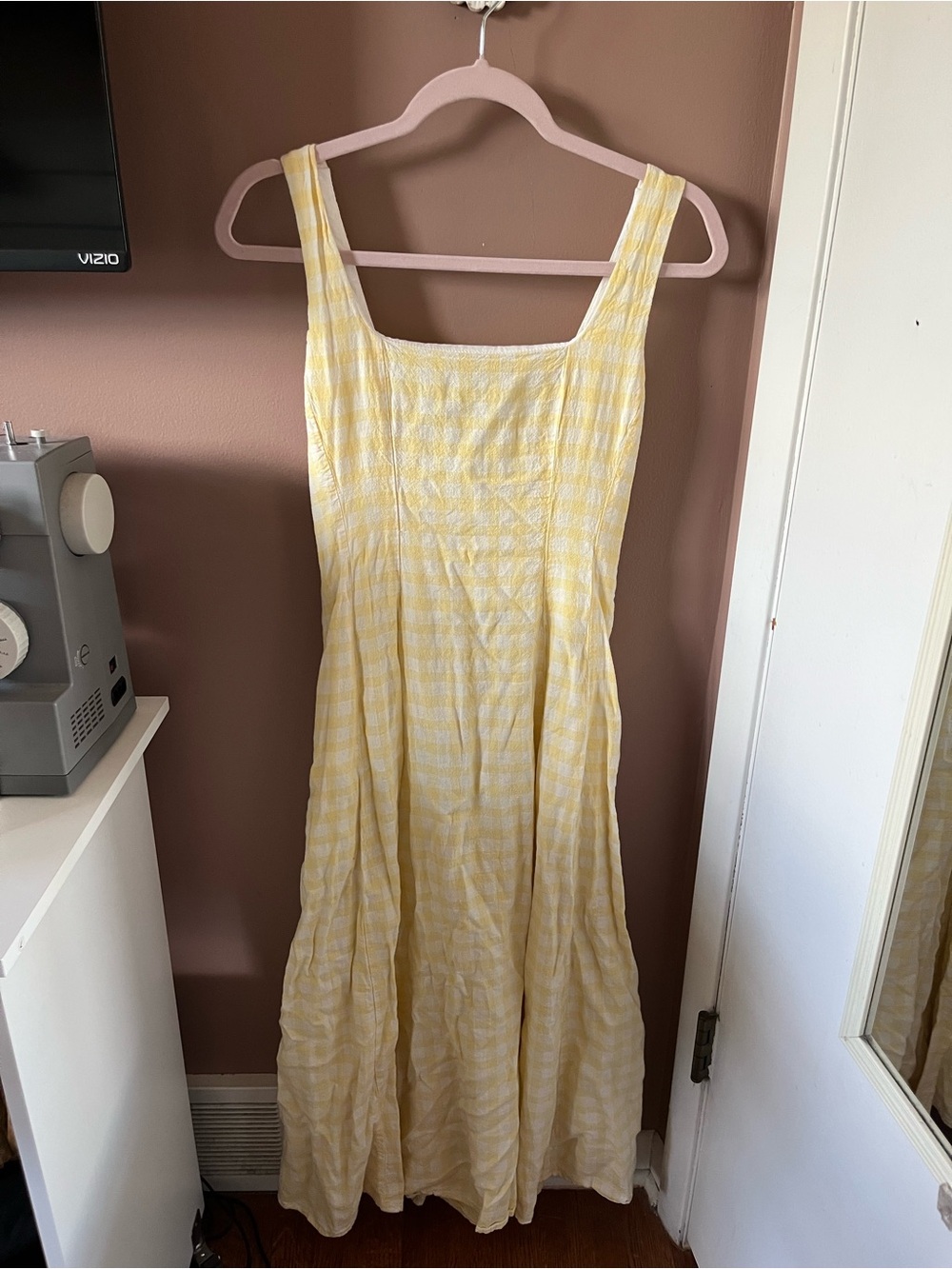 Laura Ashley Yellow & White Linen Gingham Midi Dress
